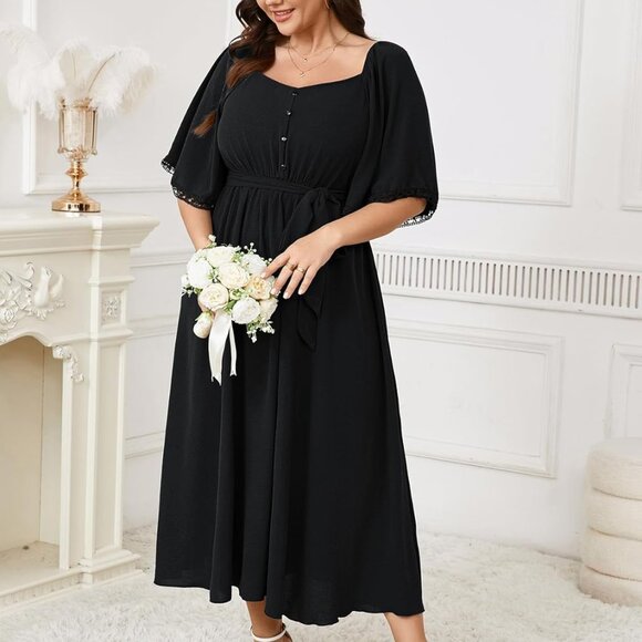 Plus Size Formal Maxi Dress Chiffon Wedding Guest Flowy A Line Sleeved - Picture 2 of 6